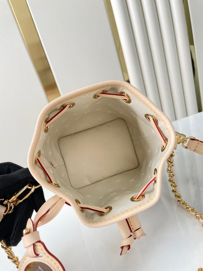 NANO NO¨¦ 16 IN WHITE MONOGRAM JACQUARD FABRIC AND BEIGE CALFSKIN TRIM