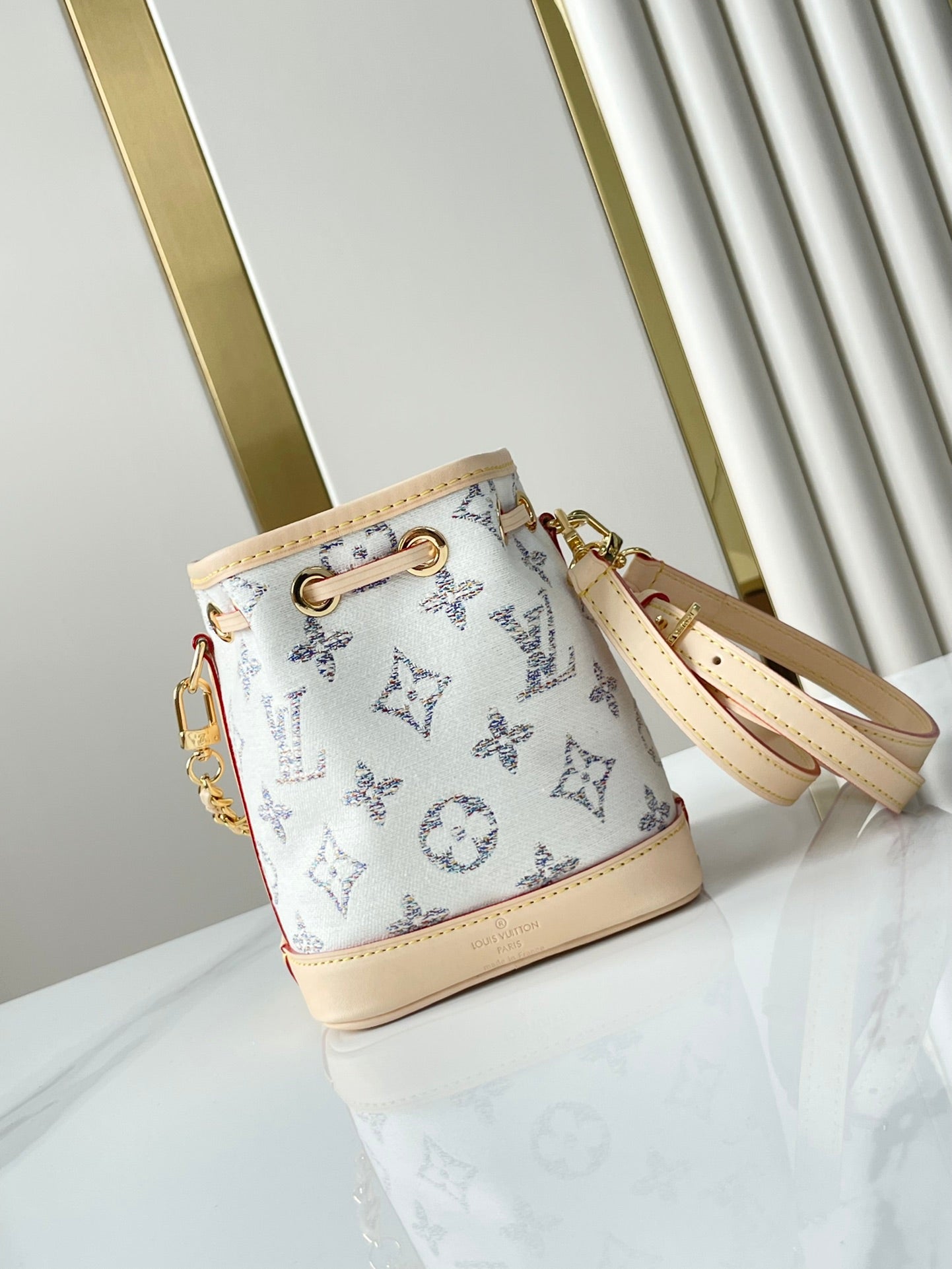 NANO NO¨¦ 16 IN WHITE MONOGRAM JACQUARD FABRIC AND BEIGE CALFSKIN TRIM