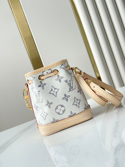 NANO NO¨¦ 16 IN WHITE MONOGRAM JACQUARD FABRIC AND BEIGE CALFSKIN TRIM