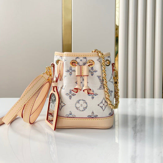 NANO NO¨¦ 16 IN WHITE MONOGRAM JACQUARD FABRIC AND BEIGE CALFSKIN TRIM