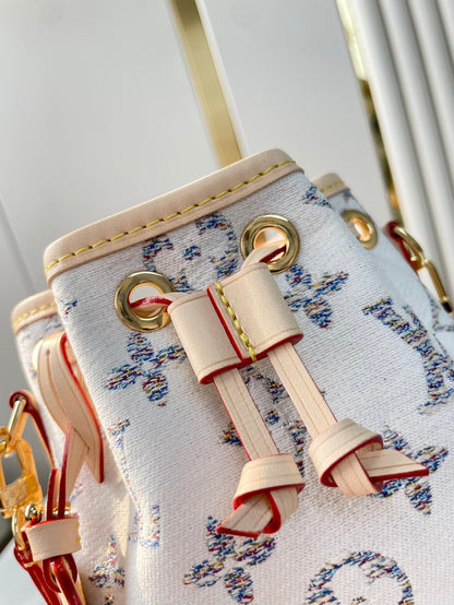 NANO NO¨¦ 16 IN WHITE MONOGRAM JACQUARD FABRIC AND BEIGE CALFSKIN TRIM