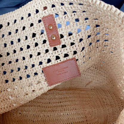 le 5a7 large 30cm woven raffia brown calfskin