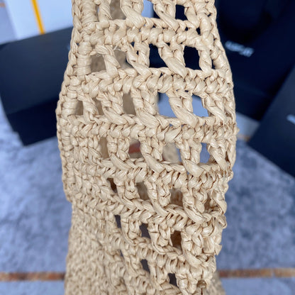 le 5a7 large 30cm woven raffia brown calfskin