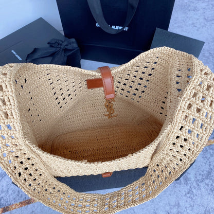 le 5a7 large 30cm woven raffia brown calfskin