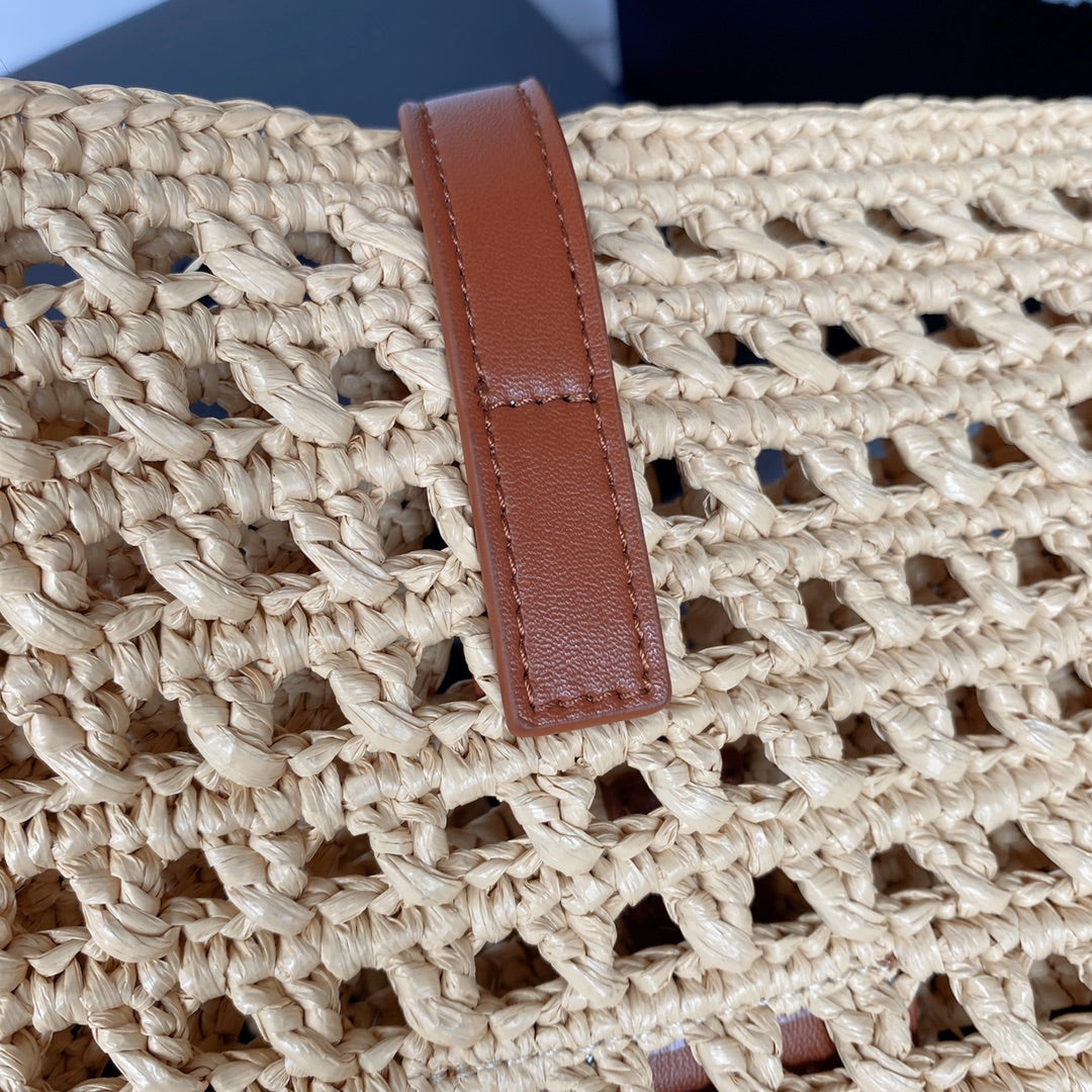 le 5a7 large 30cm woven raffia brown calfskin