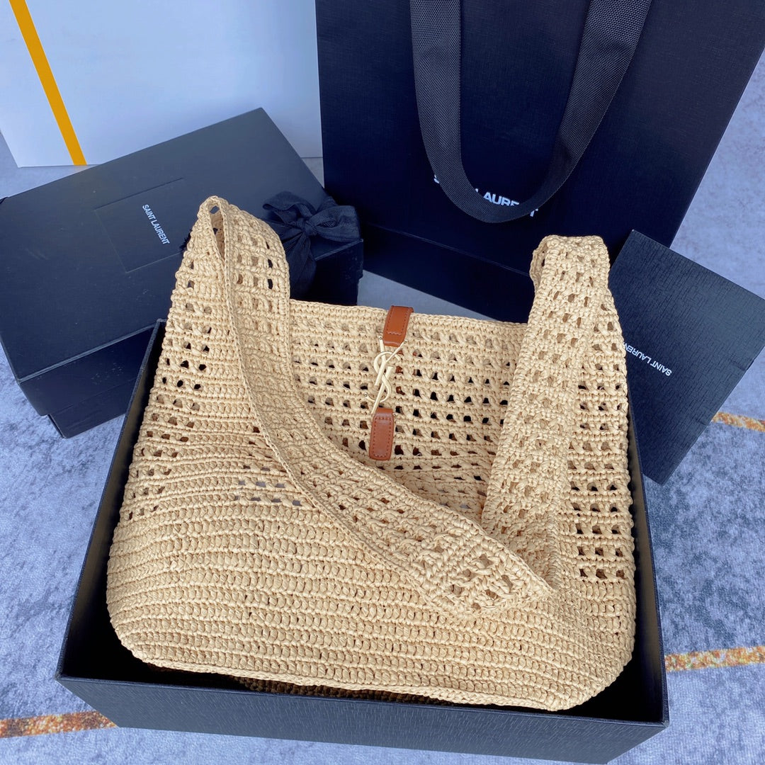 le 5a7 large 30cm woven raffia brown calfskin