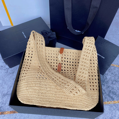 le 5a7 large 30cm woven raffia brown calfskin