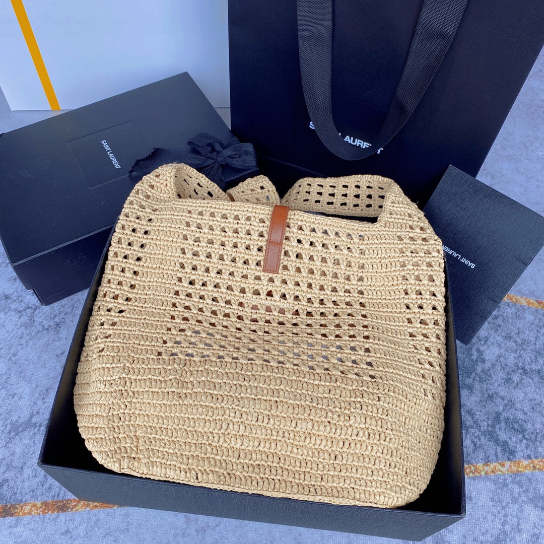 le 5a7 large 30cm woven raffia brown calfskin