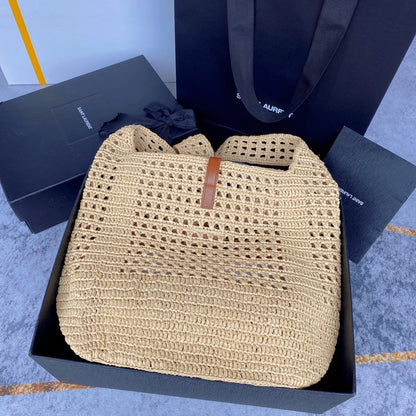 le 5a7 large 30cm woven raffia brown calfskin