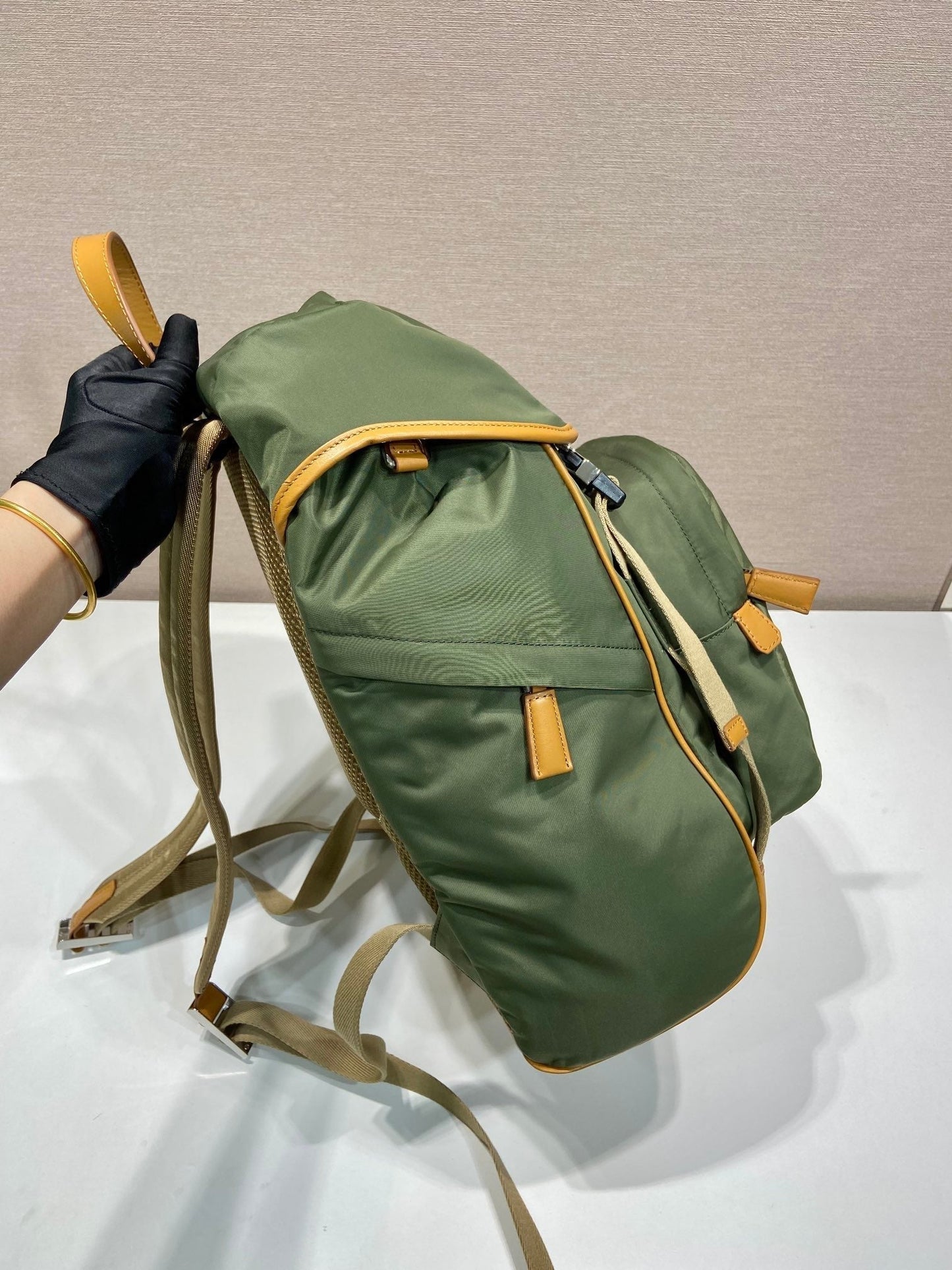 BACKPACK 45 IN SEAWEED GREEN RE-NYLON AND BROWN CALFSKIN TRIM