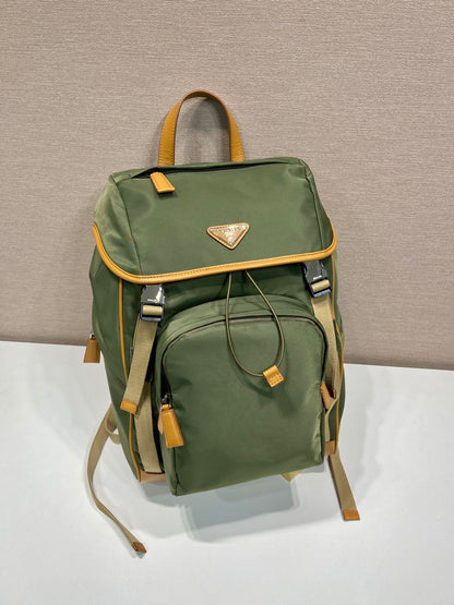 BACKPACK 45 IN SEAWEED GREEN RE-NYLON AND BROWN CALFSKIN TRIM