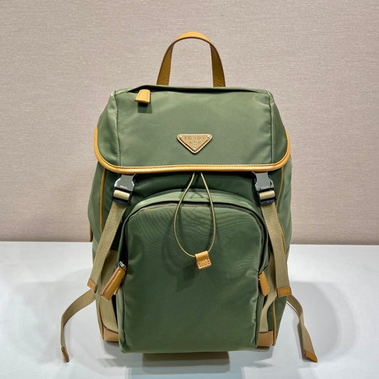 BACKPACK 45 IN SEAWEED GREEN RE-NYLON AND BROWN CALFSKIN TRIM