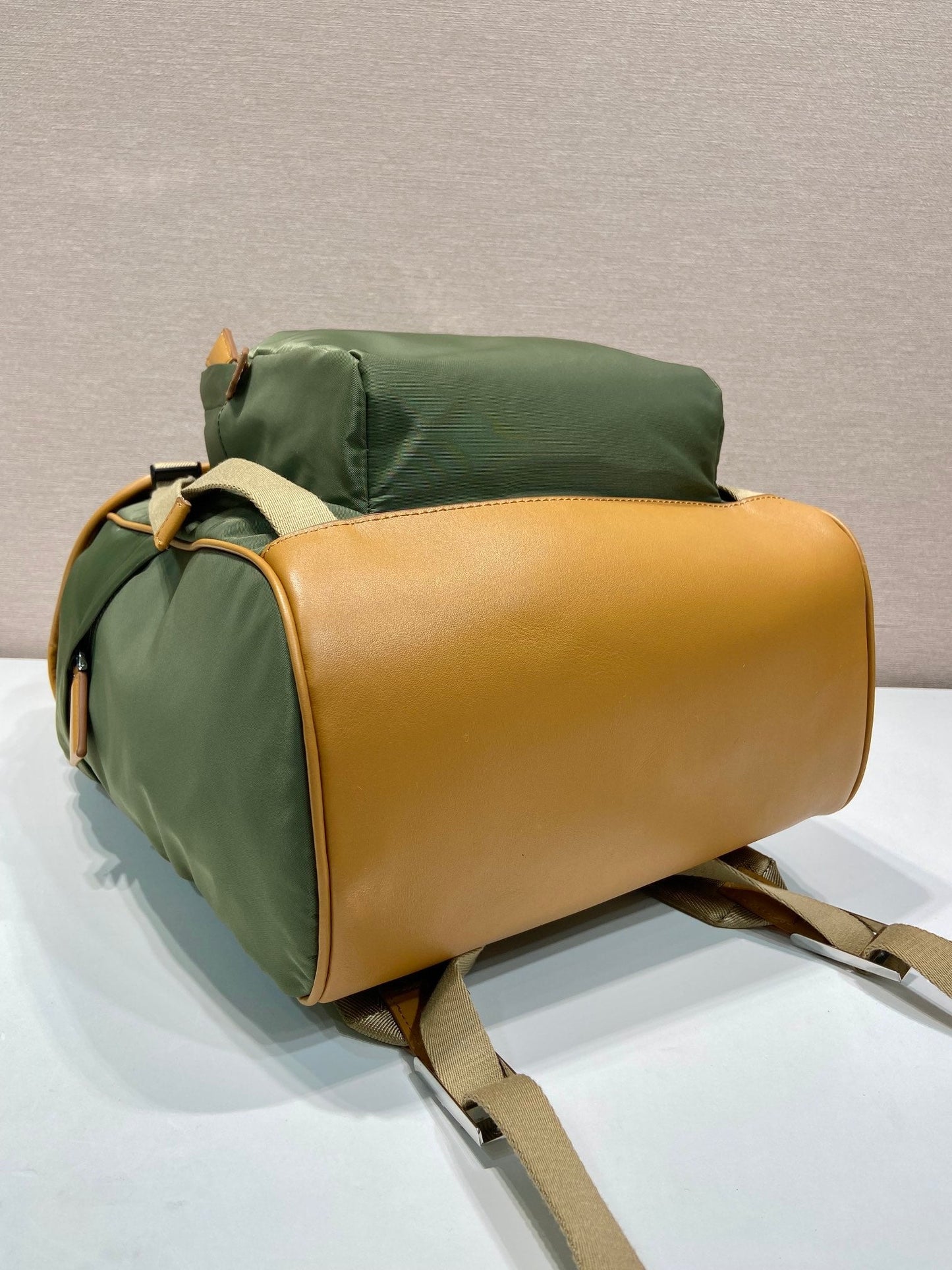BACKPACK 45 IN SEAWEED GREEN RE-NYLON AND BROWN CALFSKIN TRIM