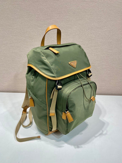 BACKPACK 45 IN SEAWEED GREEN RE-NYLON AND BROWN CALFSKIN TRIM