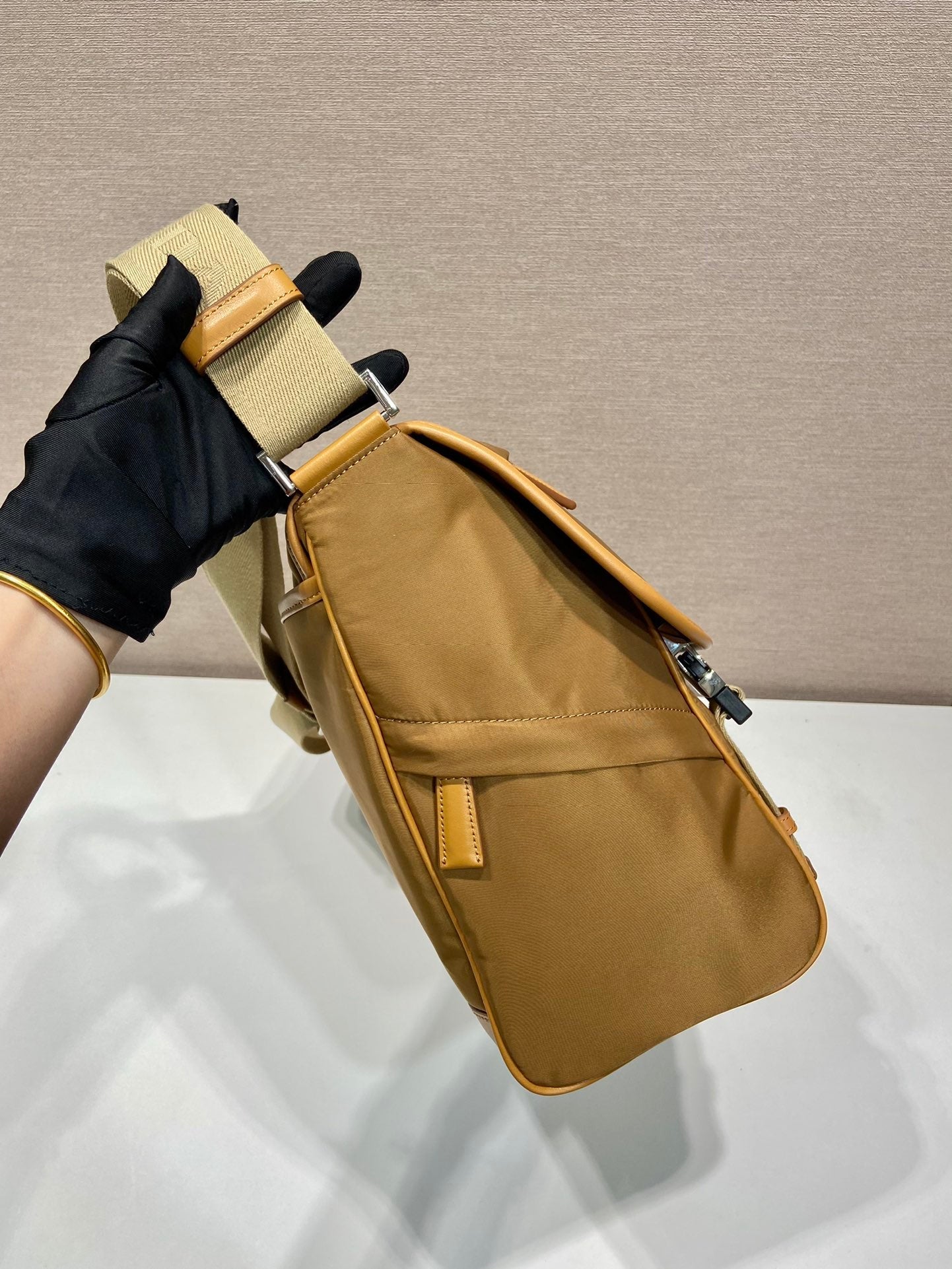 LARGE FLAP BAG 30 IN CIDER BROWN RE-NYLON AND CALFSKIN TRIM