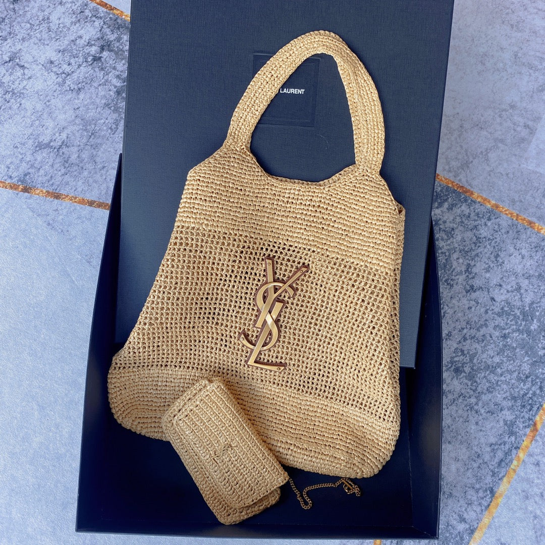 icare 58cm woven raffia brown calfskin