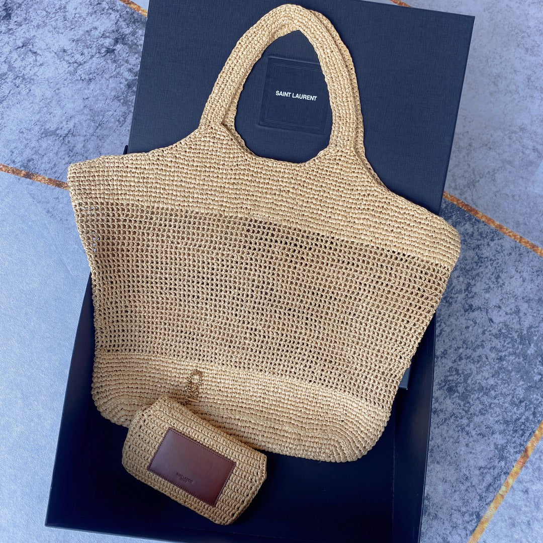 icare 58cm woven raffia brown calfskin