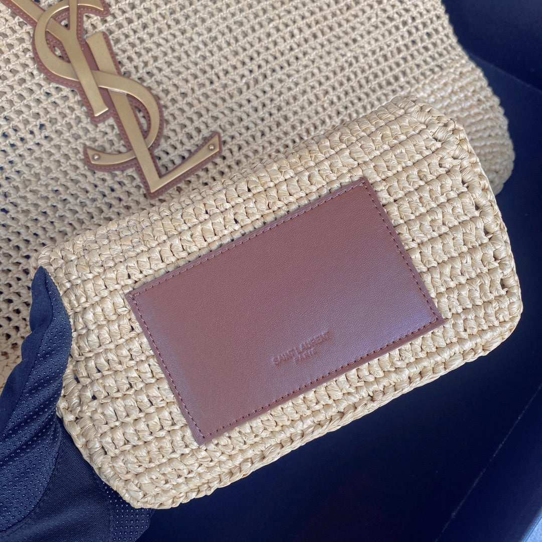 icare 58cm woven raffia brown calfskin