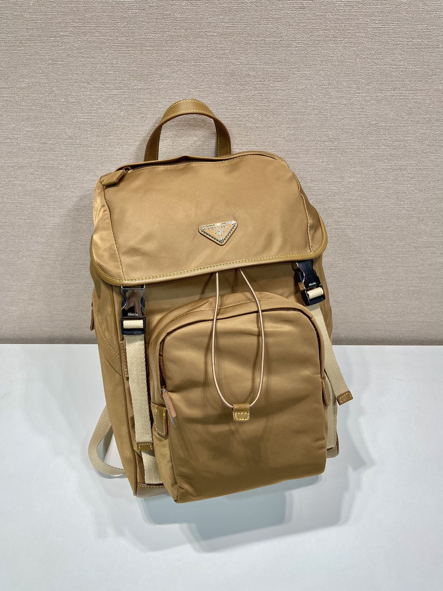 BACKPACK 45 IN CIDER BROWN RE-NYLON AND CALFSKIN TRIM