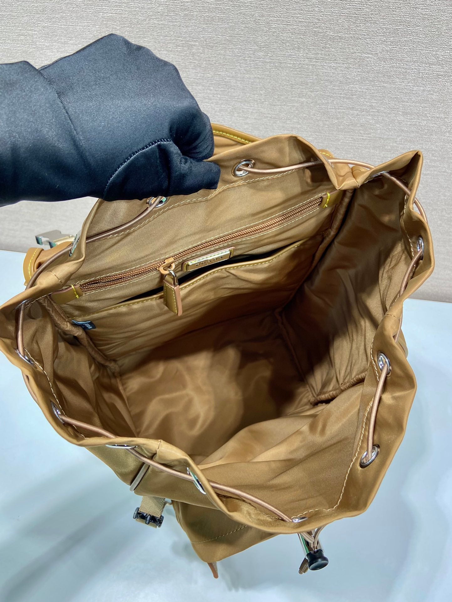 BACKPACK 45 IN CIDER BROWN RE-NYLON AND CALFSKIN TRIM