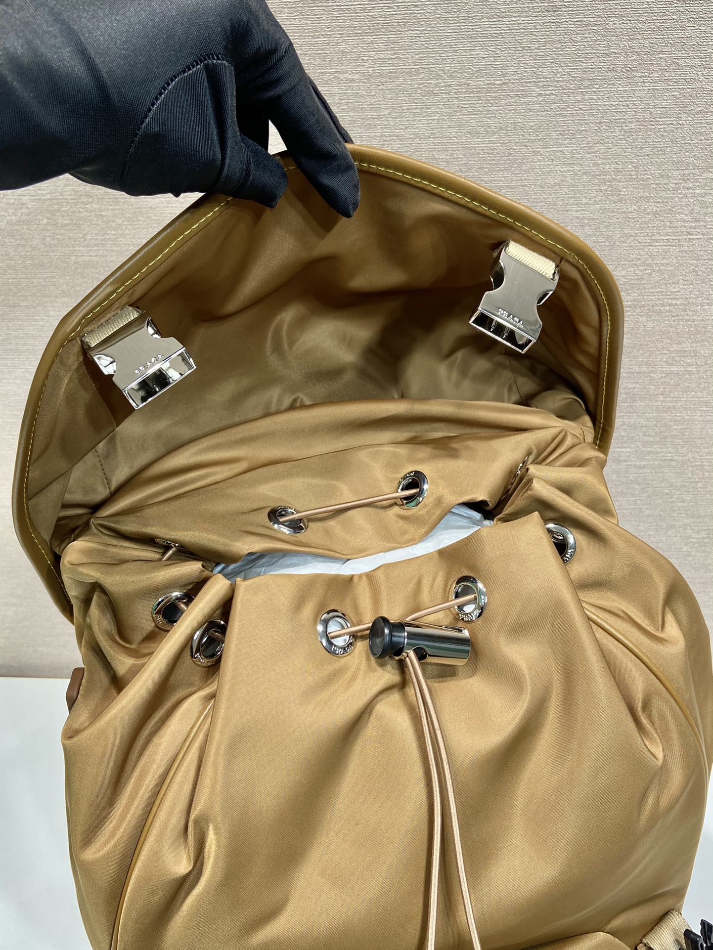 BACKPACK 45 IN CIDER BROWN RE-NYLON AND CALFSKIN TRIM