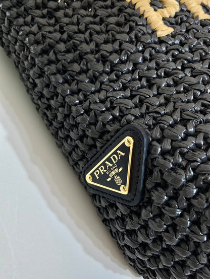 SMALL CROCHET TOTE BAG 24 IN BLACK MIX YELLOW RAFFIA