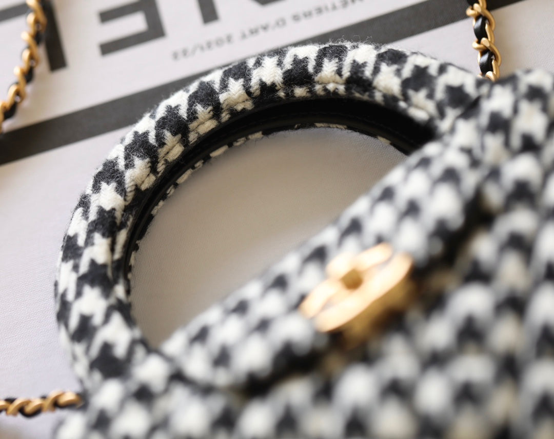 cc 24a nano 19cm kelly shopper bag black white tweed