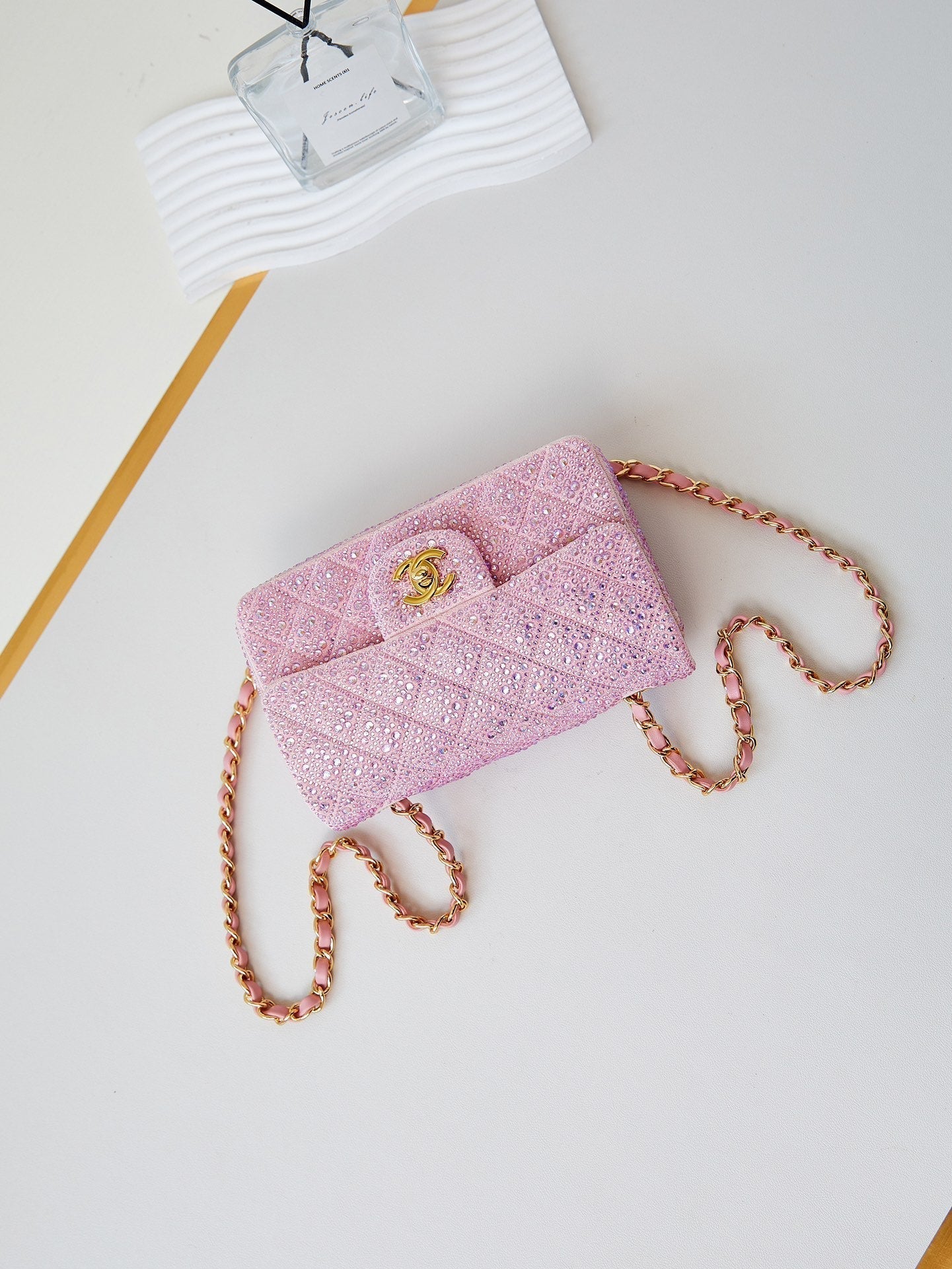 24b mini flap bag  20cm pink lambskin silver purple diamond