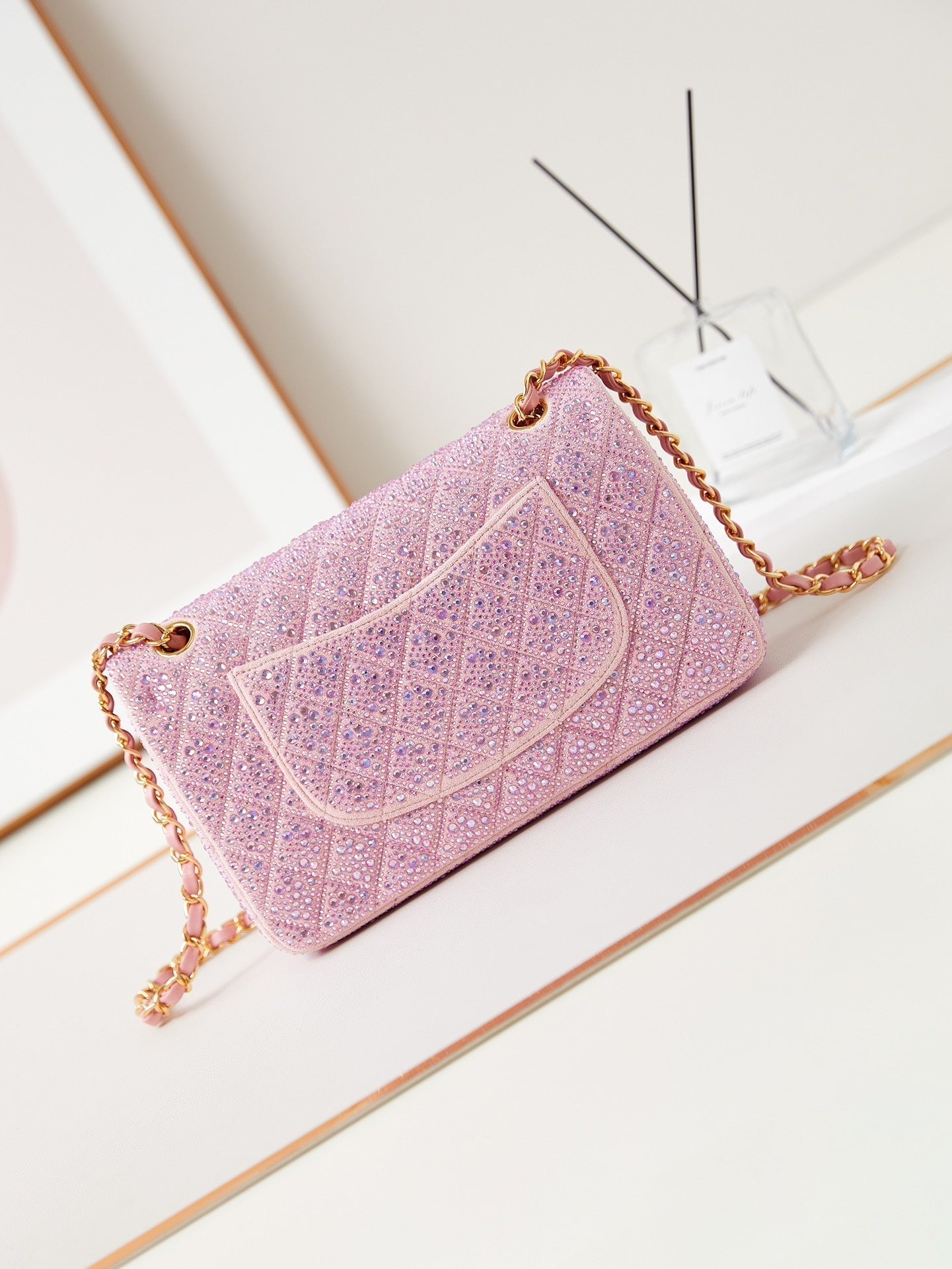 24b medium flap bag 25cm pink lambskin silver purple diamond