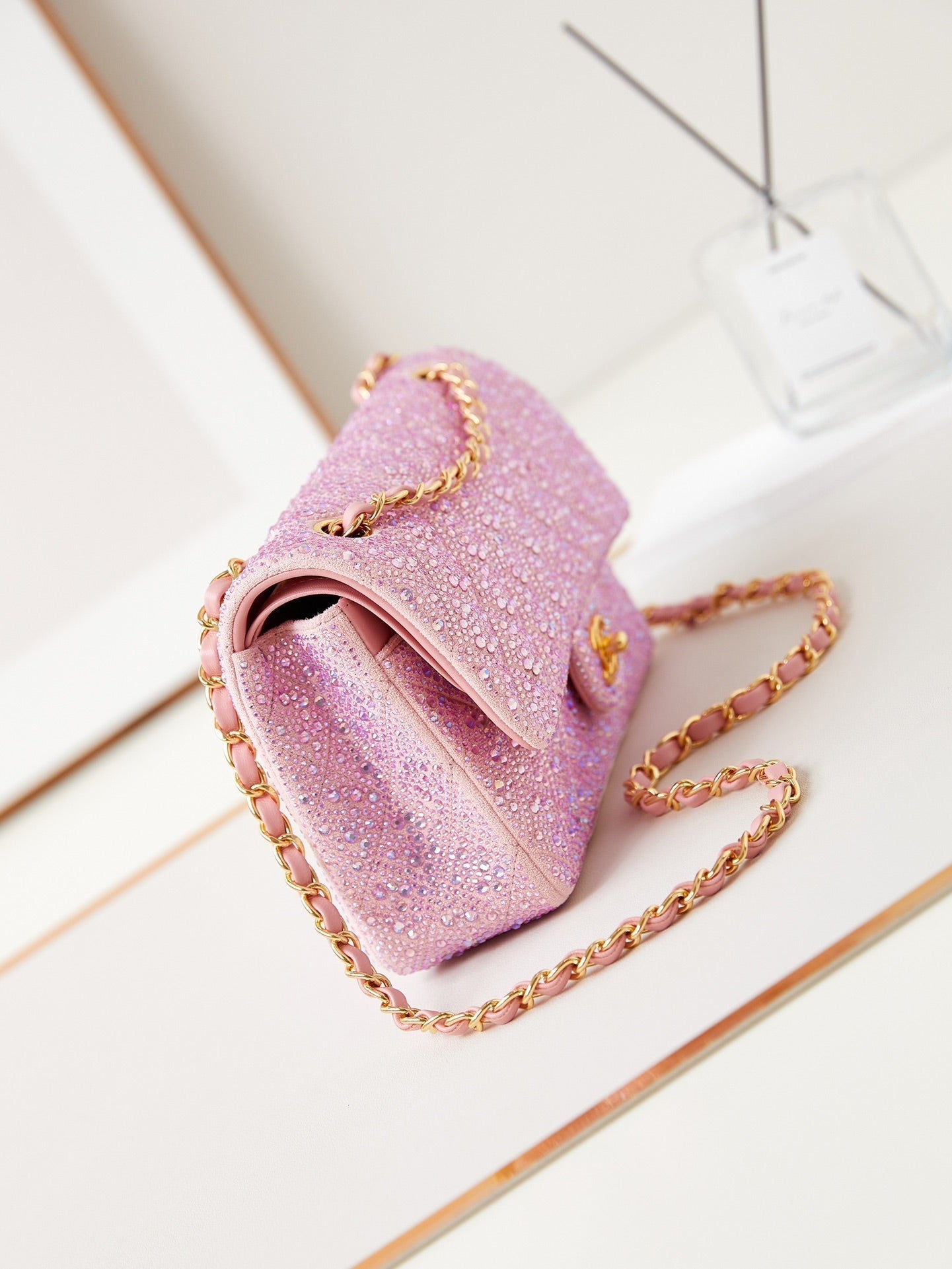 24b medium flap bag 25cm pink lambskin silver purple diamond