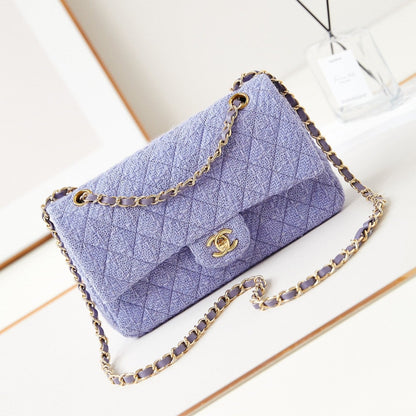 24p medium flap bag 25cm purple blue tweed gold hardware