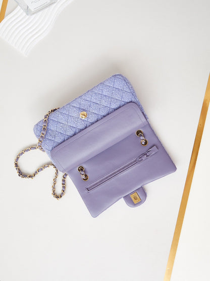 24p medium flap bag 25cm purple blue tweed gold hardware