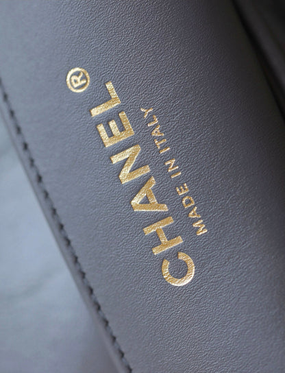 cc 24a flap bag 20cm top handle grey lambskin gold hardware