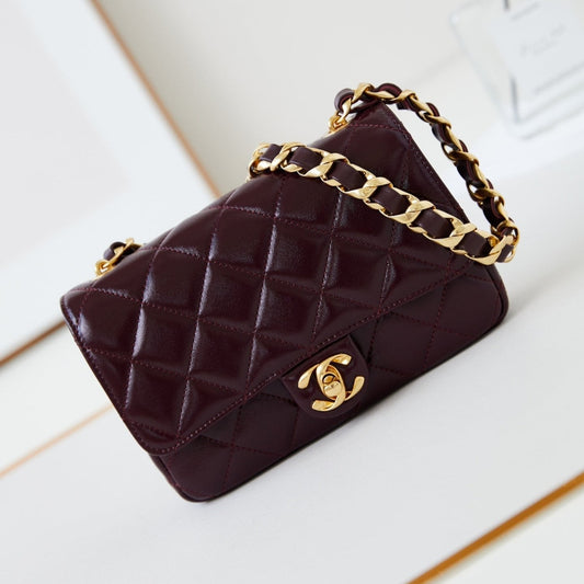 CC 24B Mini Flap Bag 20cm Burgundy Lambskin Gold Hardware