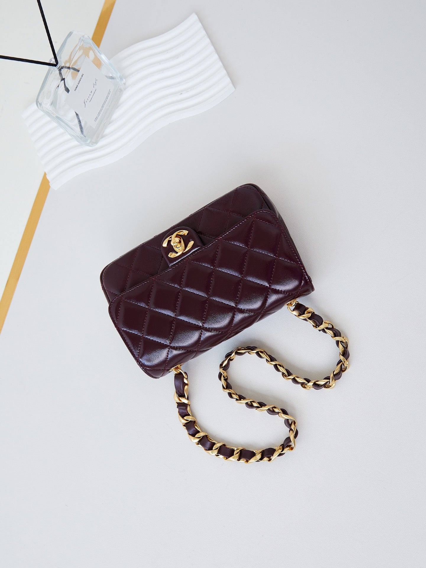 CC 24B Mini Flap Bag 20cm Burgundy Lambskin Gold Hardware