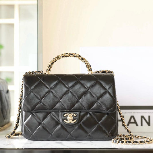 24B Small Flap Bag With Top Handle 25cm Black Lambskin