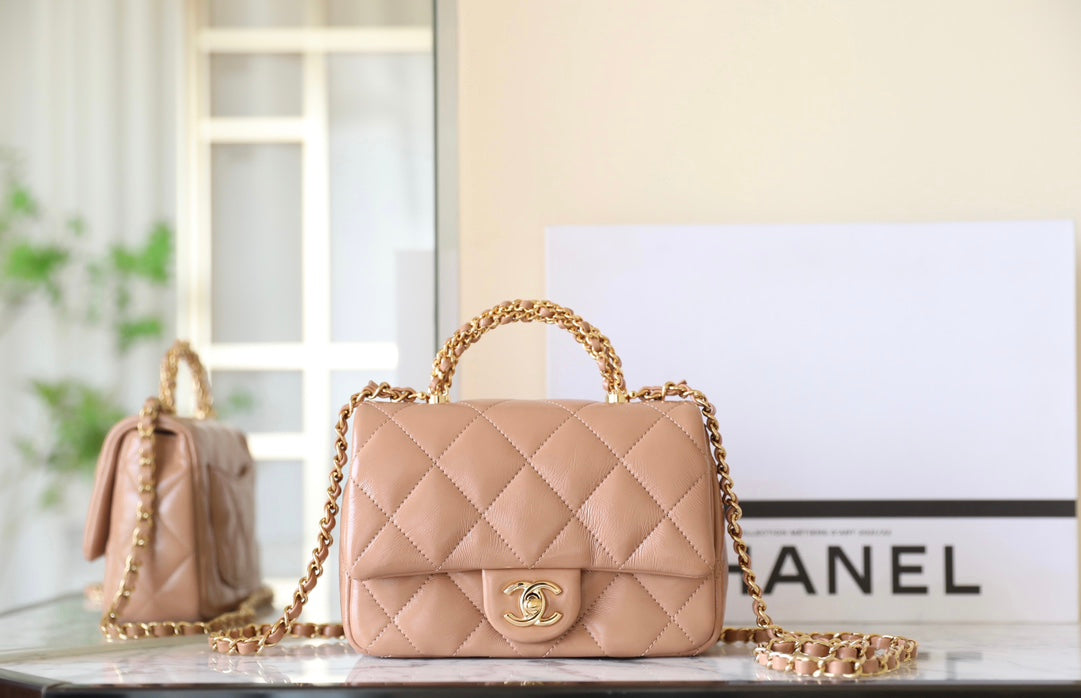 24b mini flap bag 19cm top handle beige lambskin