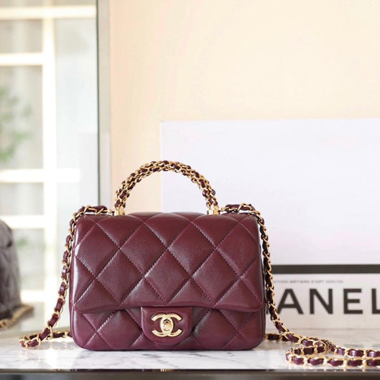 24B Mini Flap Bag With Top Handle 19cm Burgundy Lambskin