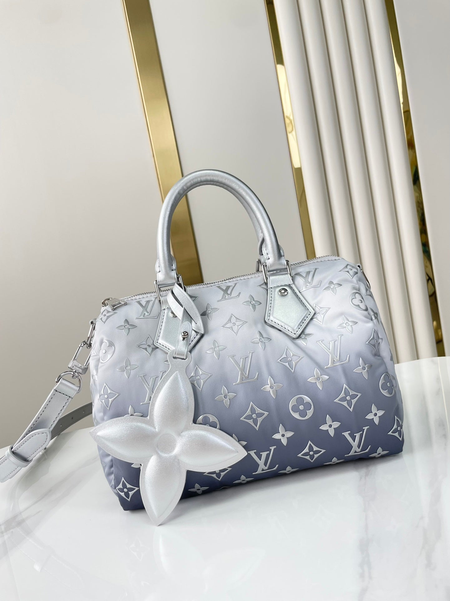 SPEEDY BANDOULI¨¨RE 25 IN GRADIENT SILVER MONOGRAM NYLON SILVER HARDWARE