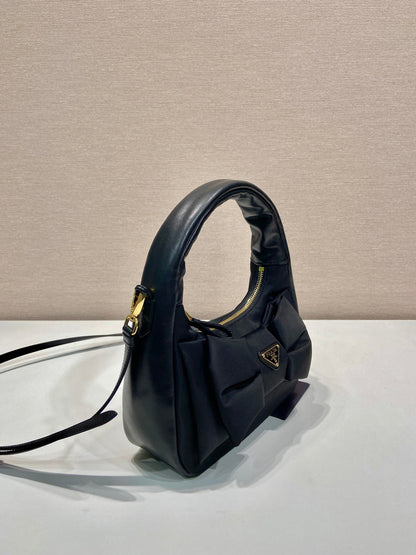 BOW HOBO BAG 22 IN BLACK RE-NYLON AND LAMBSKIN