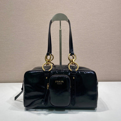 LARGE RECTANGULAR BAG 30 IN BLACK OIL WAX LAMBSKIN GOLD HARDWARE