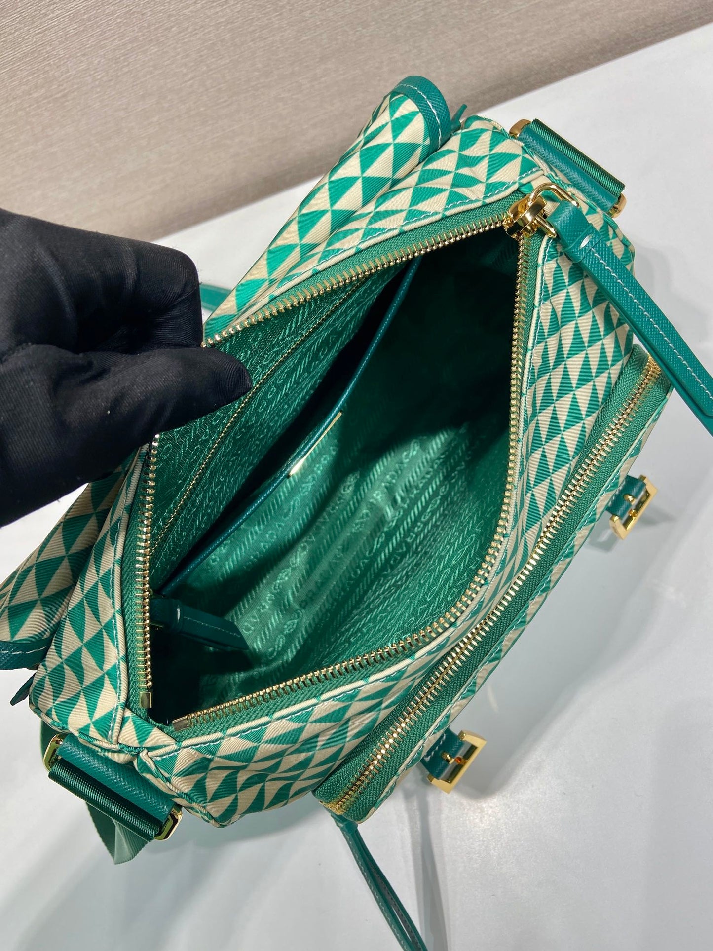 MESSENGER BAG 25 IN FOREST GREEN MIX CREAM TRIANGLE PATTERN EMBROIDERED FABRIC