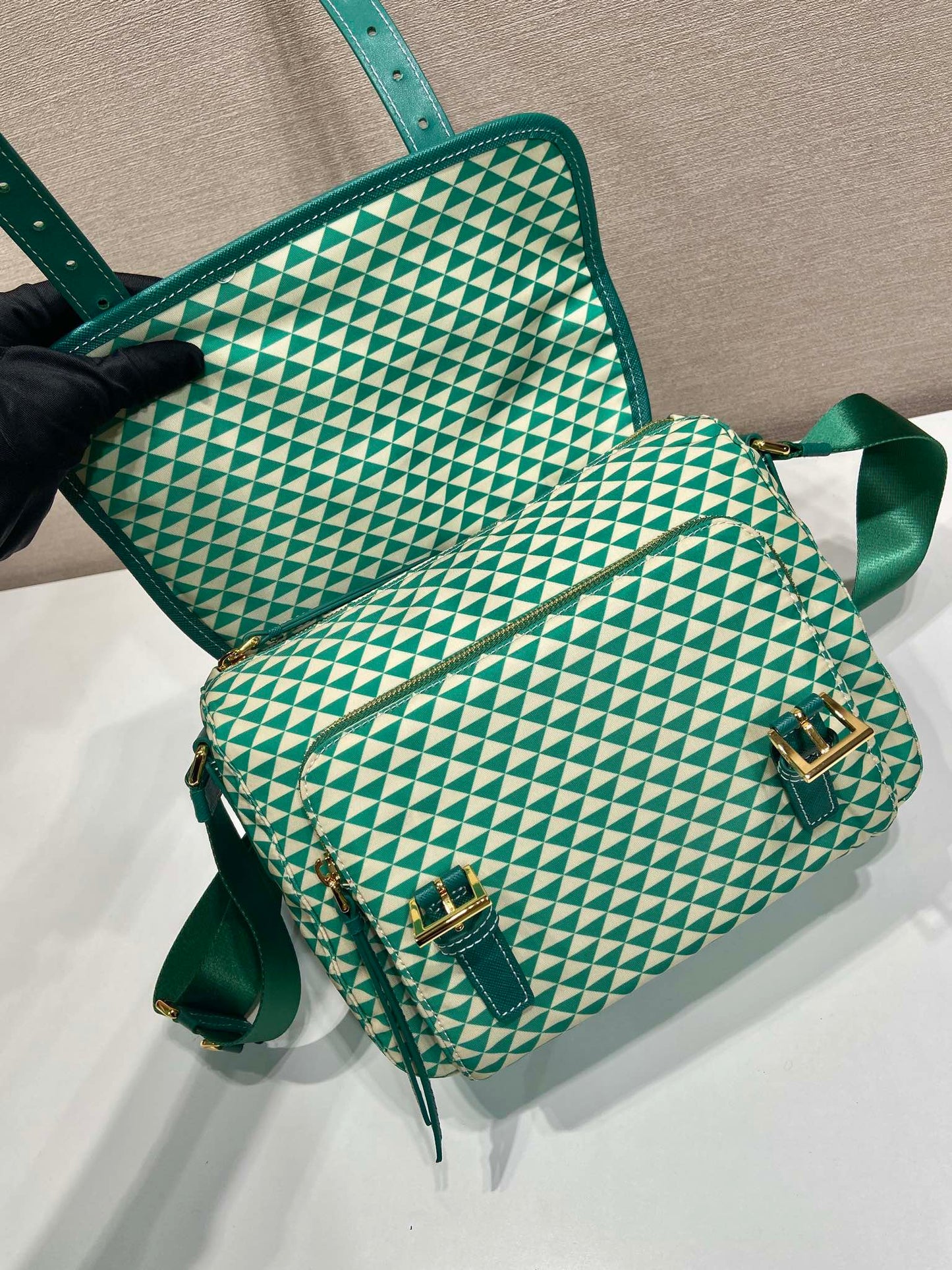 MESSENGER BAG 25 IN FOREST GREEN MIX CREAM TRIANGLE PATTERN EMBROIDERED FABRIC