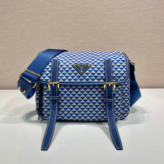 MESSENGER BAG 25 IN BLUE MIX WHITE TRIANGLE PATTERN EMBROIDERED FABRIC