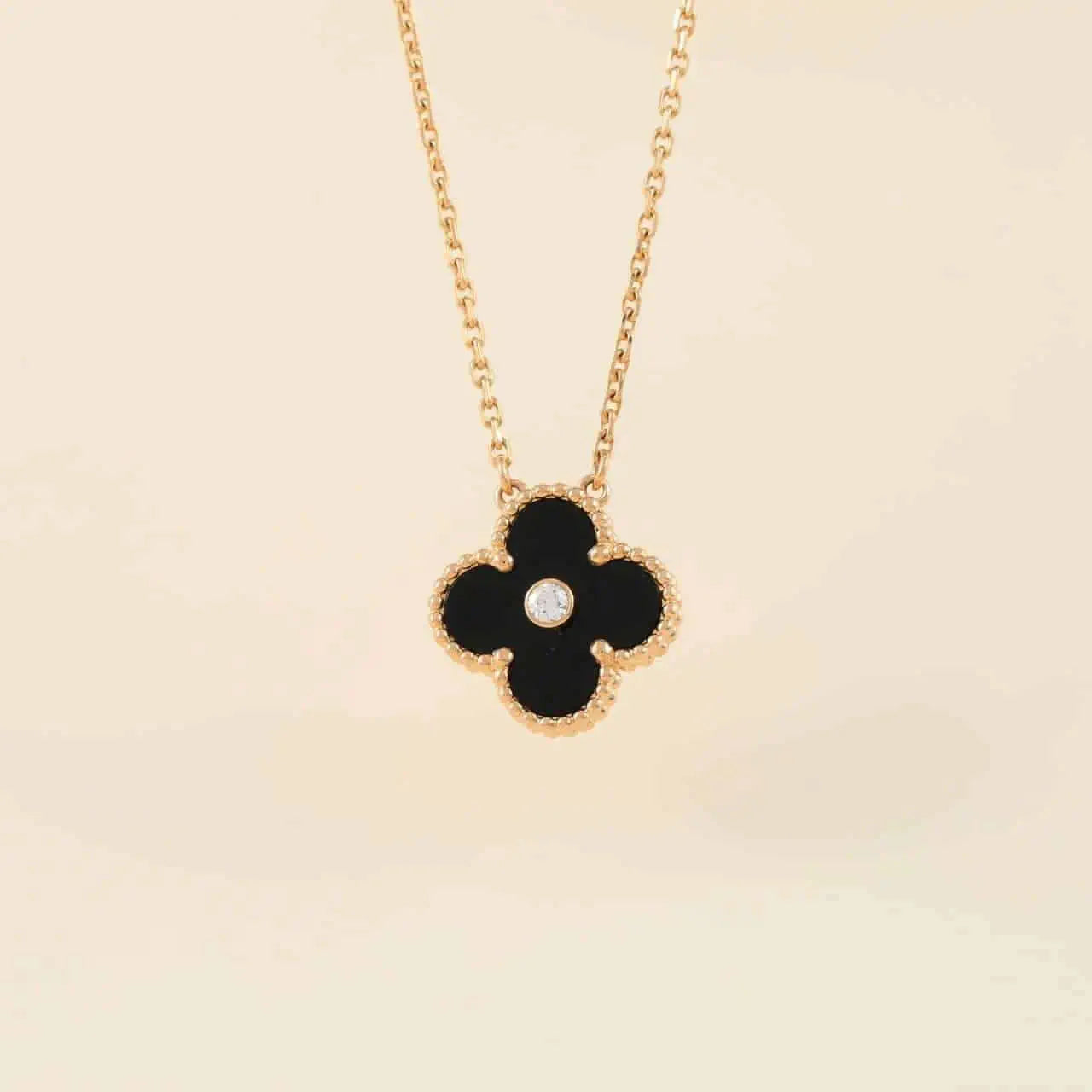 DIANA CLOVER 15MM DIAMOND ONYX NECKLACE