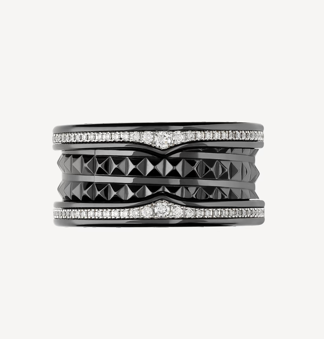 DIANA ZERO 1 ROCK FOUR-BAND BLACK CERAMIC WITH STUDDED SPIRAL AND PAVED DIAMONDS RING