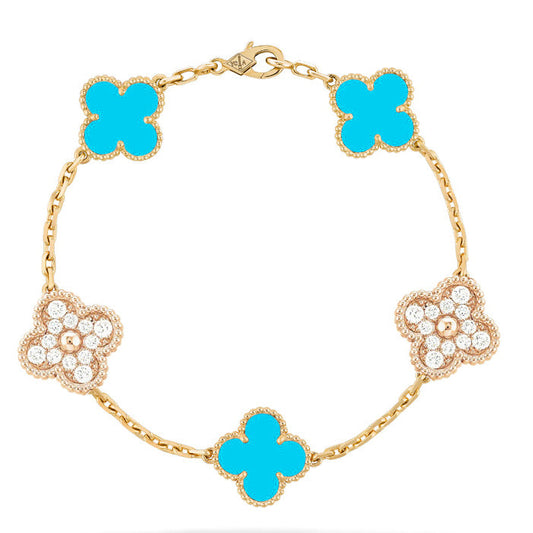 DIANA CLOVER 5 MOTIF TURQUOISE DIAMOND GOLD BRACELET