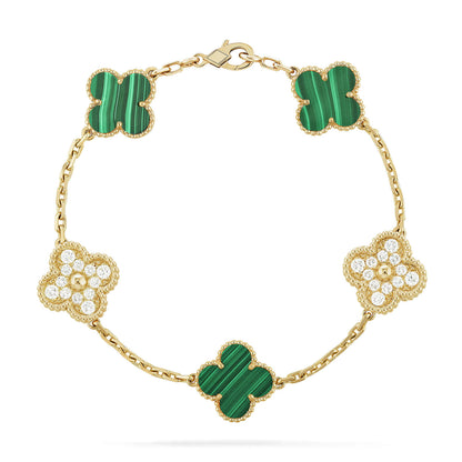 DIANA CLOVER  5 MOTIF MALACHITE DIAMOND BRACELET
