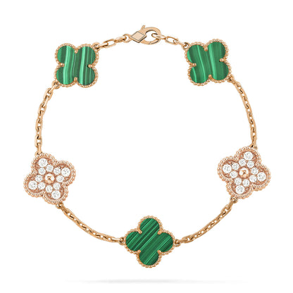 DIANA CLOVER  5 MOTIF MALACHITE DIAMOND BRACELET