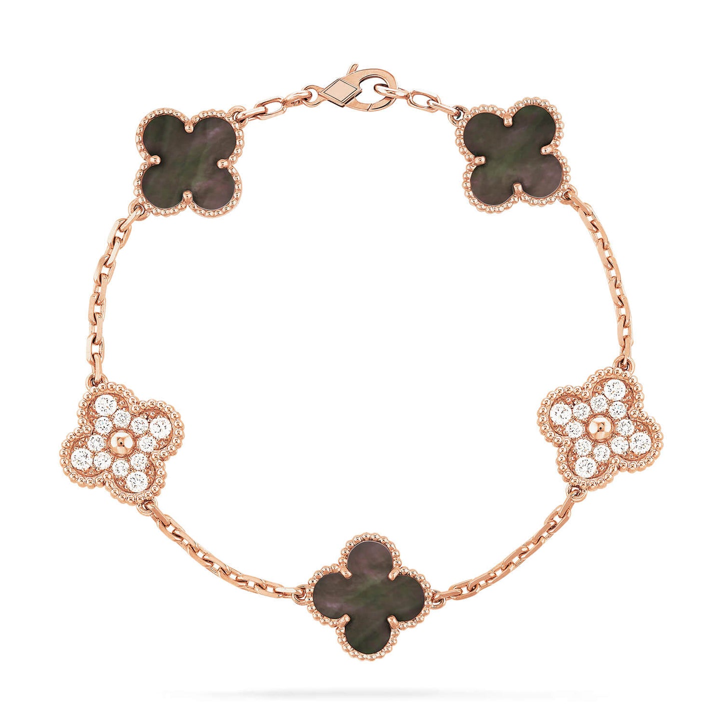 DIANA CLOVER 5 MOTIFS DARK MOP AND DIAMONDS PINK GOLD BRACELET